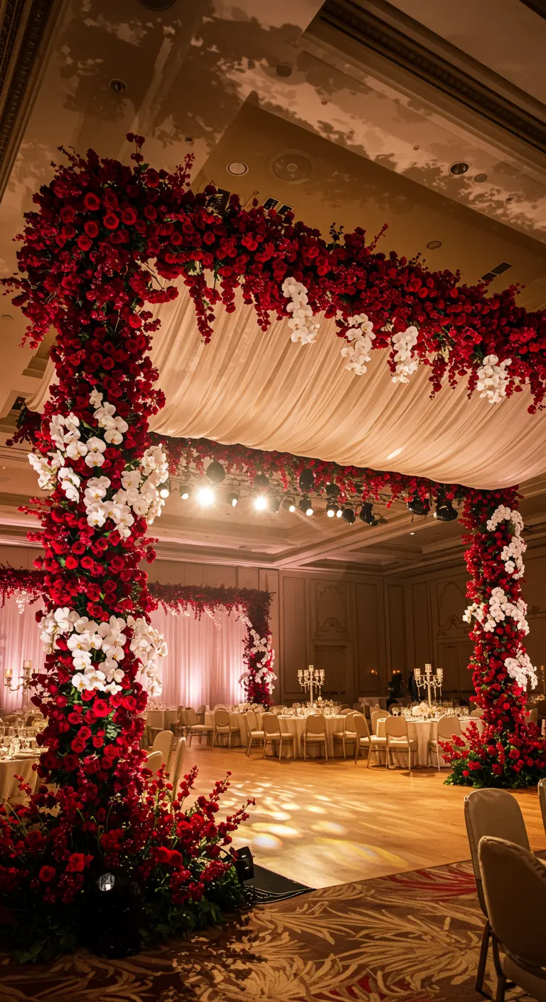 Arche monumentale de roses rouges et orchidées blanches dans une grande salle de bal.