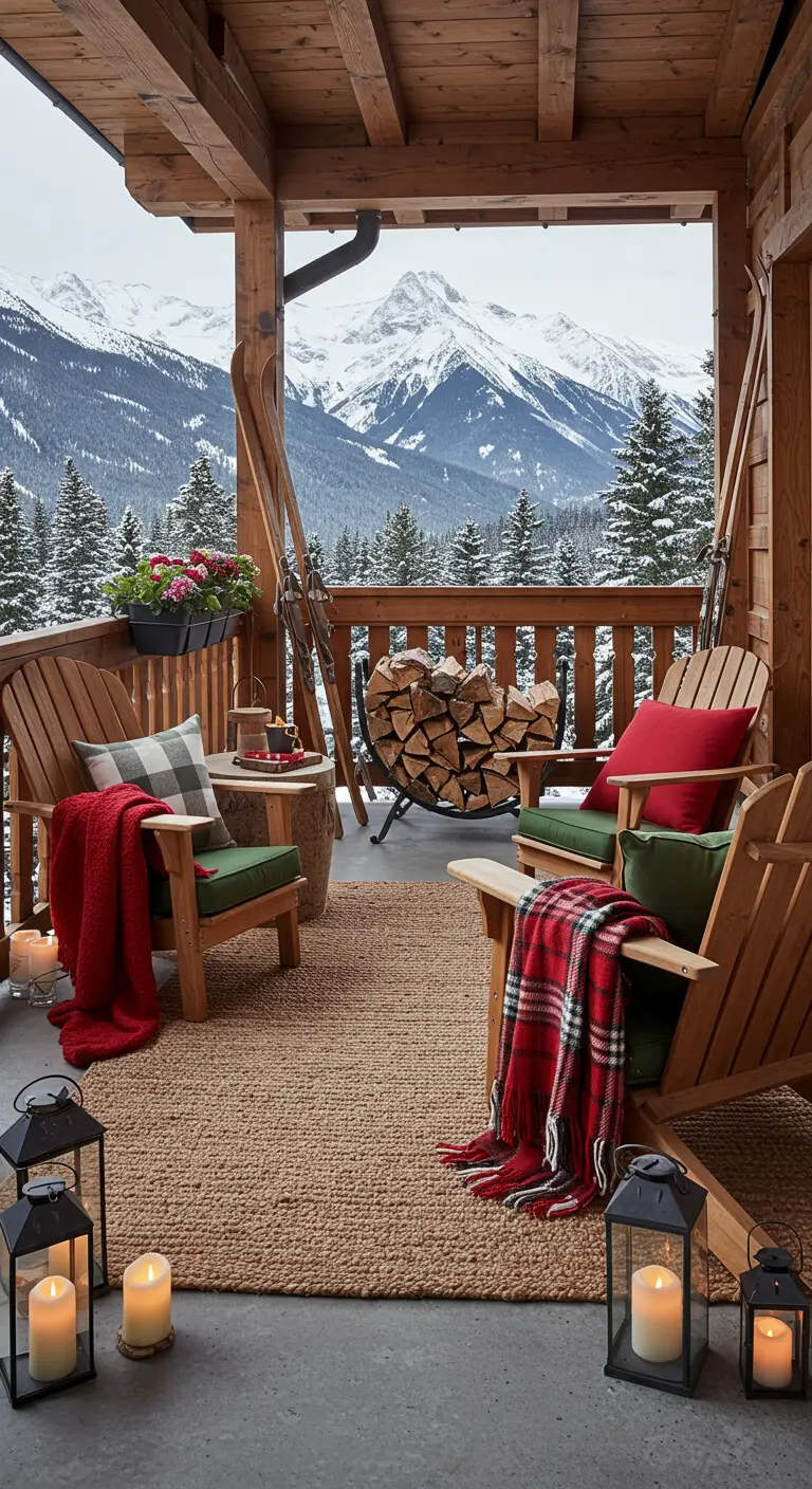 Large terrasse chalet avec vue sur les montagnes, mobilier bois et plaids rouges et verts.