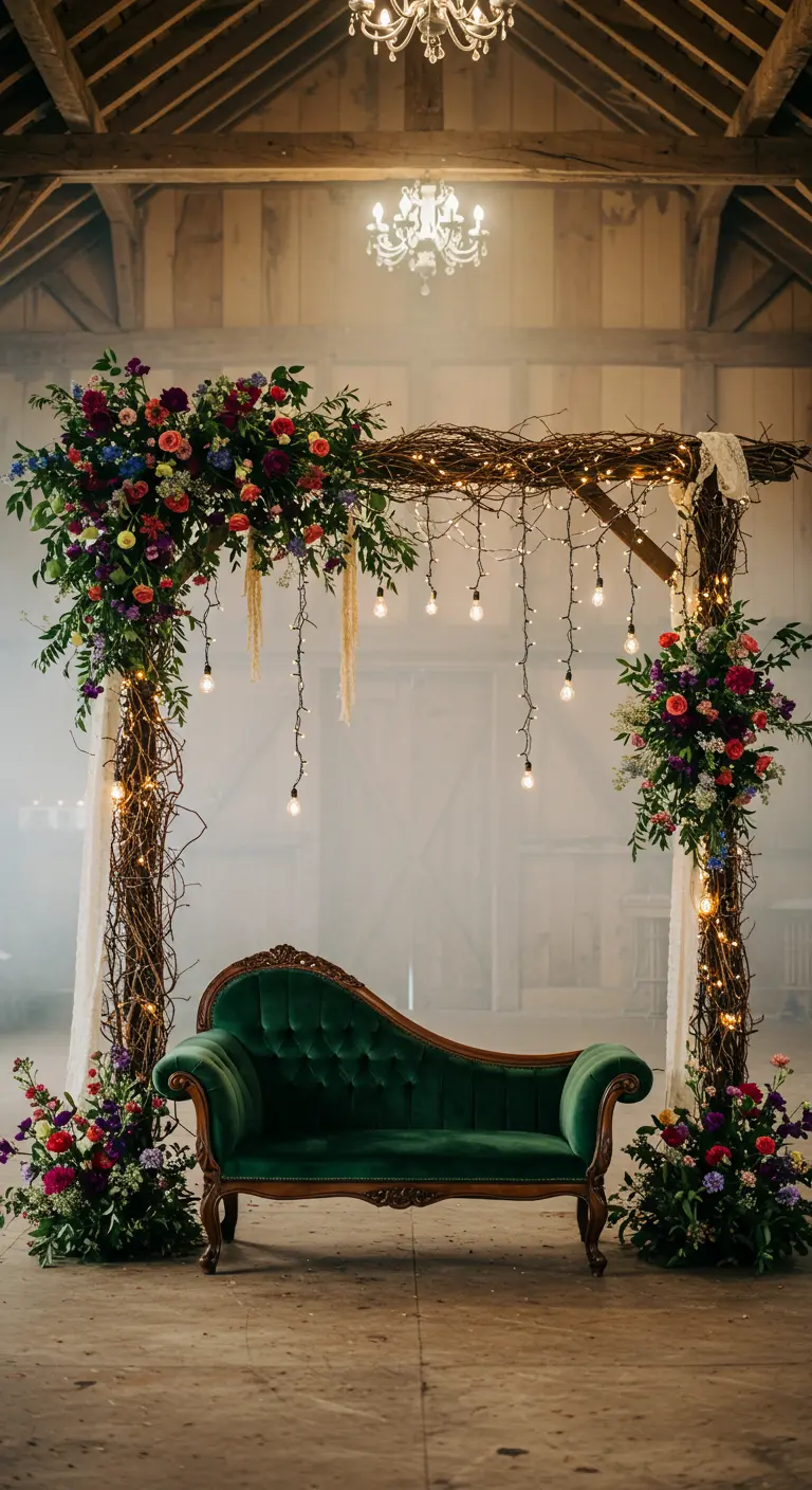 Arche rustique avec guirlandes lumineuses et canapé en velours vert dans une grange.