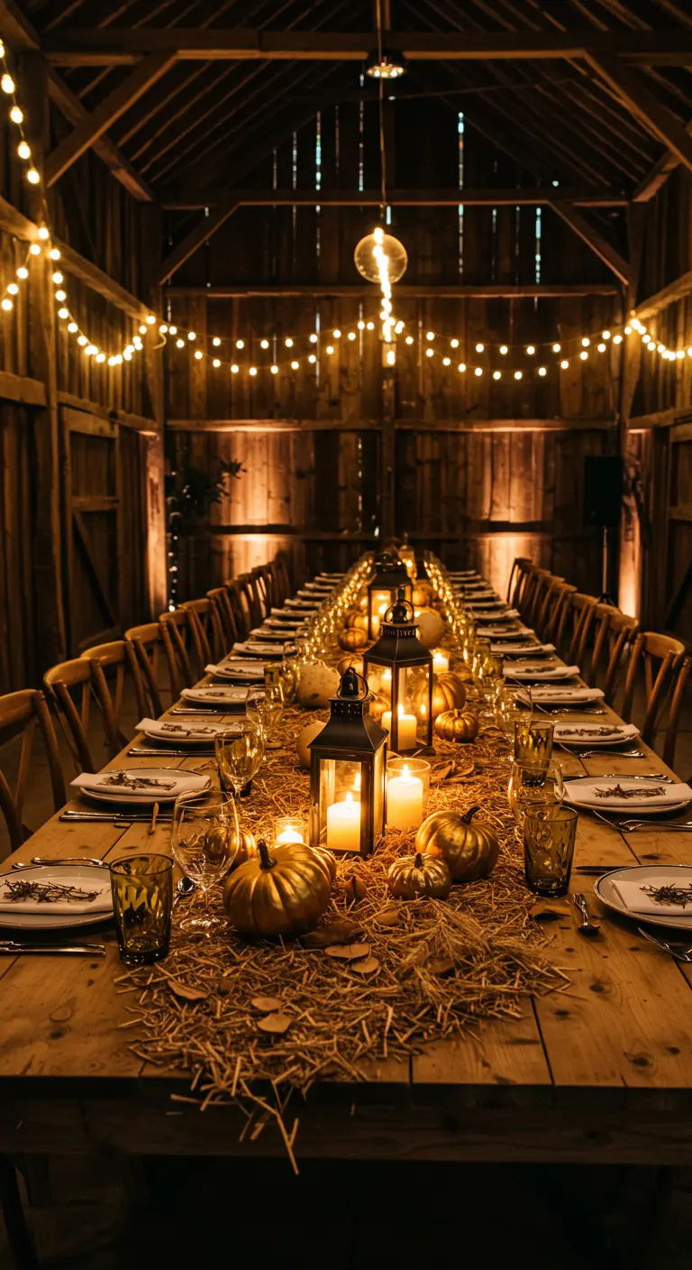 Une longue table de banquet dans une grange, décorée de paille, de lanternes, de citrouilles dorées et de guirlandes lumineuses.