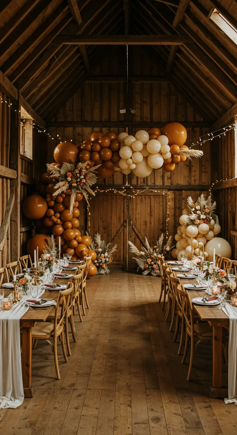 Arche de ballons marrons et crèmes dans une grange rustique transformée en lieu de réception.