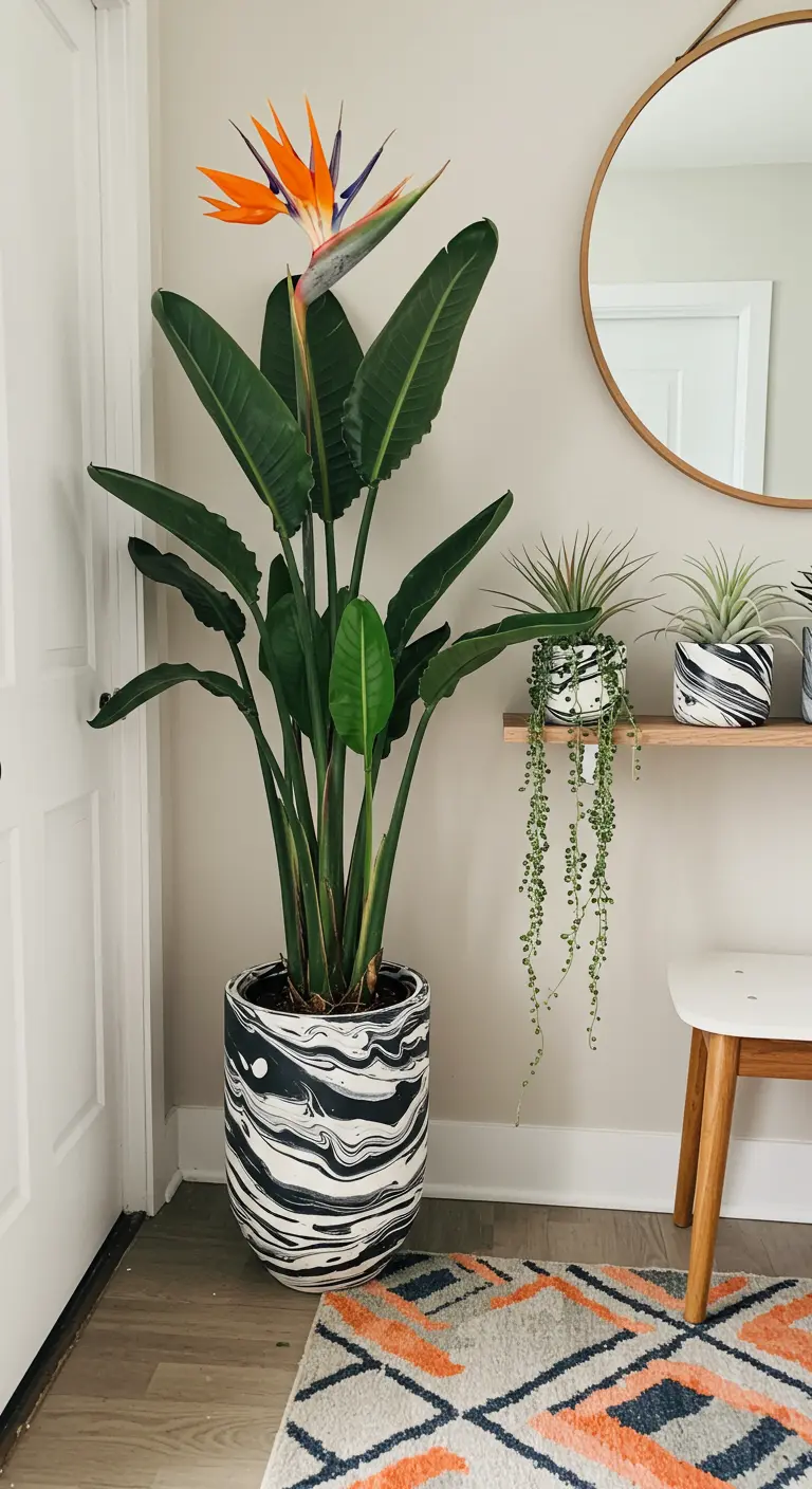 Grand pot marbré noir et blanc avec un oiseau de paradis, complétant un décor moderne.