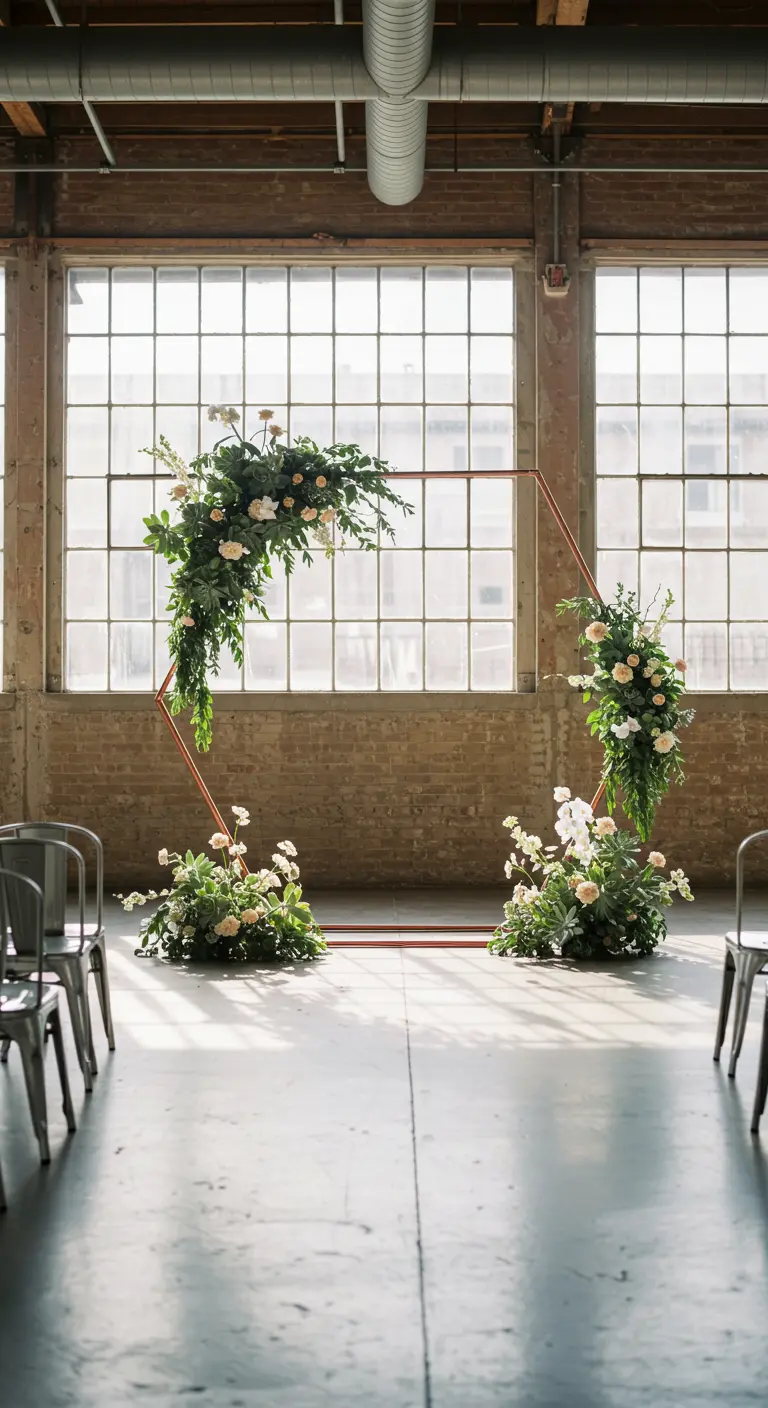 Arche de mariage hexagonale cuivrée avec fleurs dans un loft industriel.
