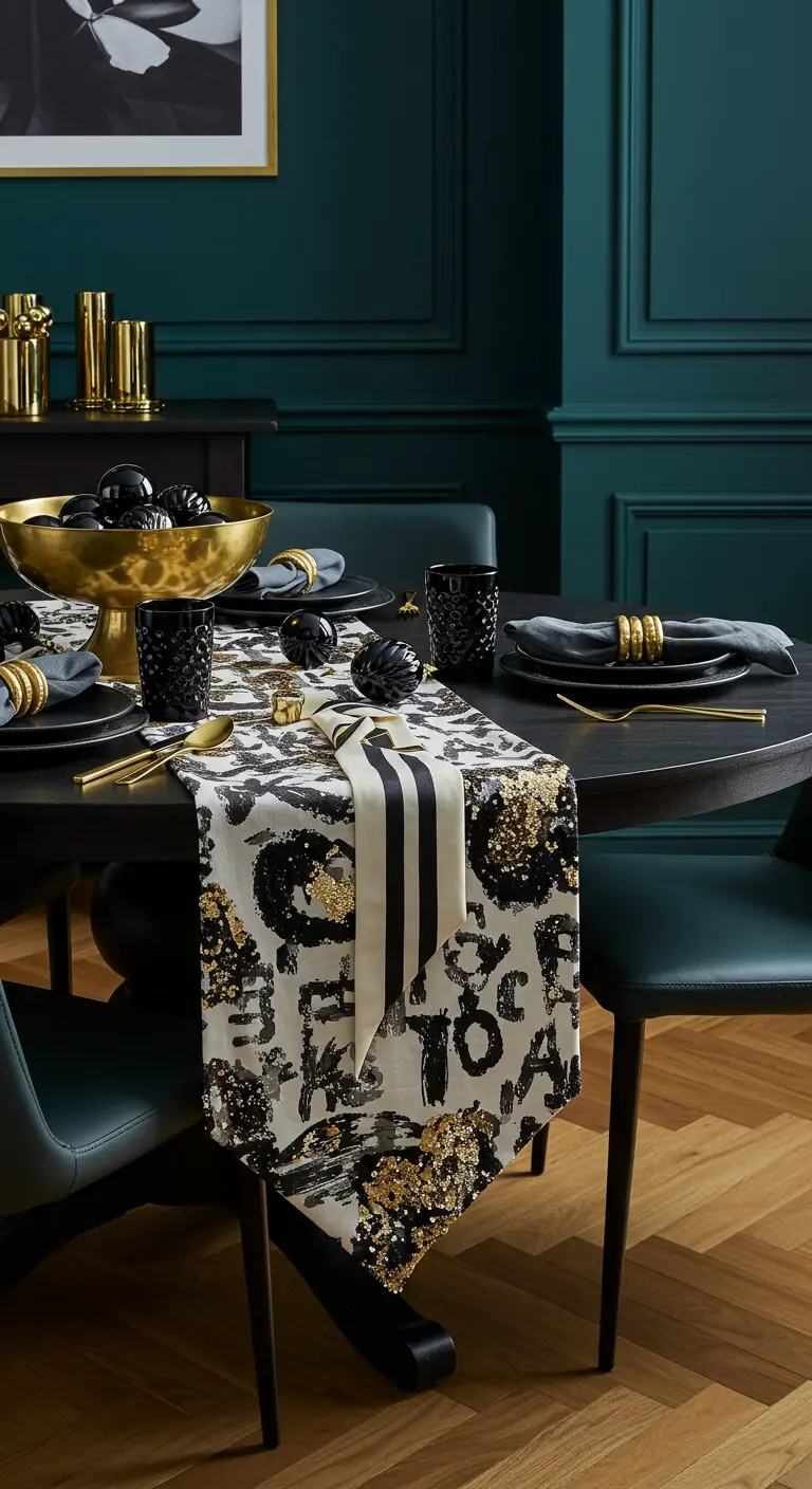 Table moderne avec un chemin de table à imprimé abstrait noir, blanc et or.
