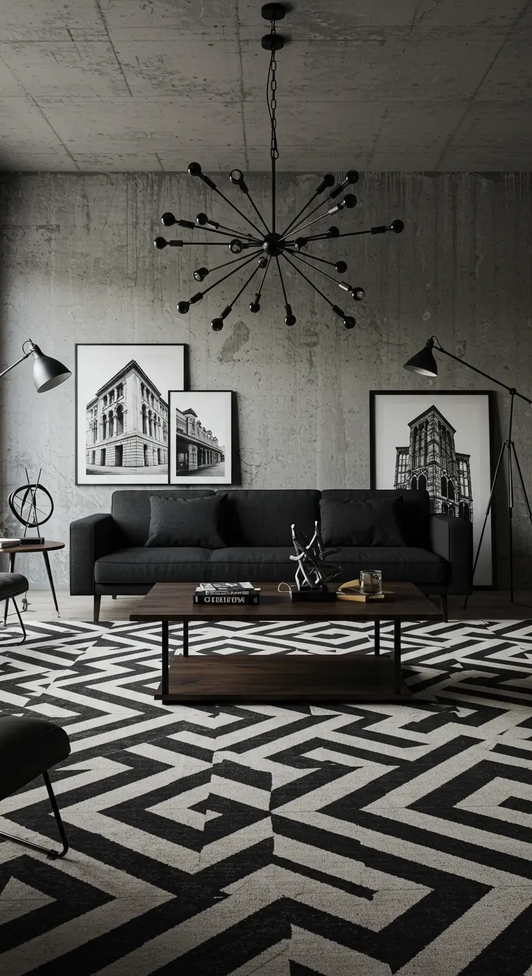 Salon industriel avec mur en béton, canapé noir, table basse en bois et tapis géométrique noir et blanc.