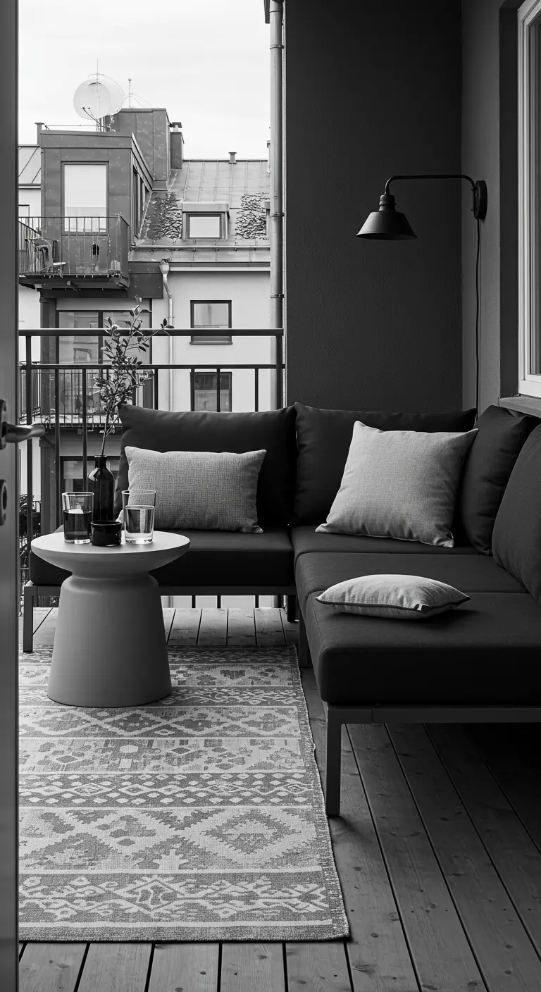 Canapé d'angle noir sur un balcon avec un tapis à motifs noir et blanc.