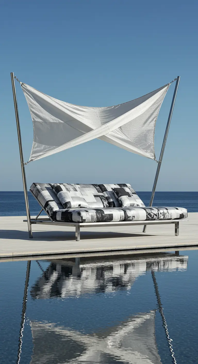 Chaise longue design avec voile d'ombrage au bord d'une piscine