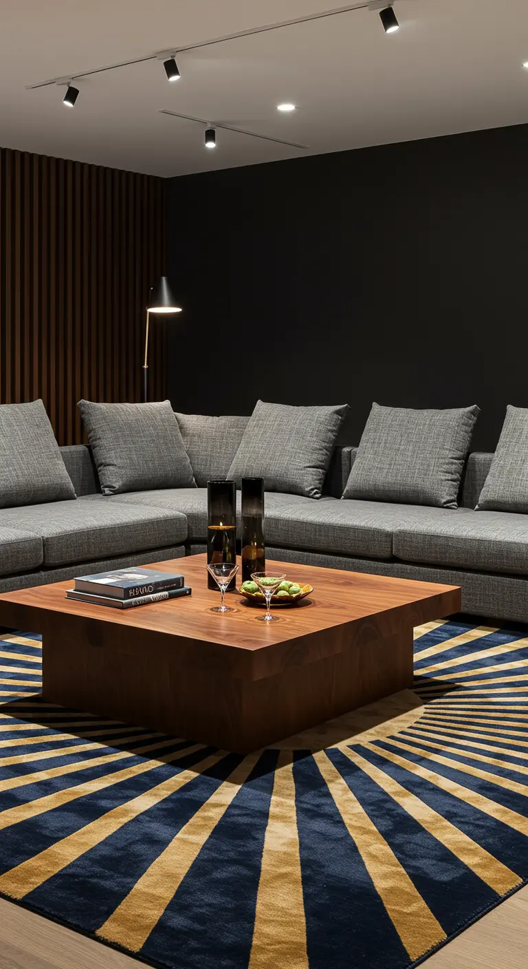 Salon moderne et sombre avec un grand tapis bleu et or au motif de soleil rayonnant.