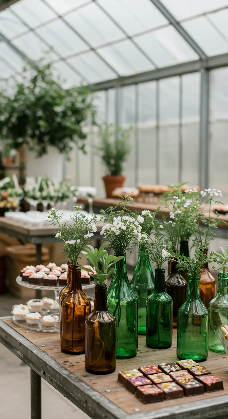 Bouteilles en verre recyclées de différentes couleurs utilisées comme vases pour des fleurs.