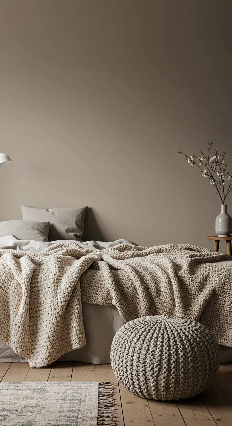 Chambre aux tons grège avec un lit recouvert d'un plaid en chenille et un pouf tricoté.