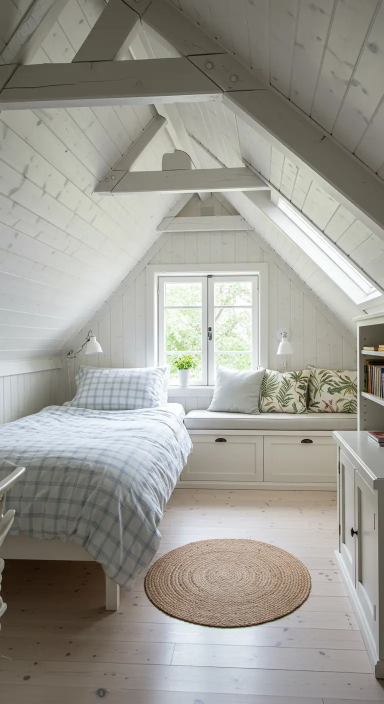 Chambre mansardée blanche avec lit simple, banc sous la fenêtre et tapis rond en jute.