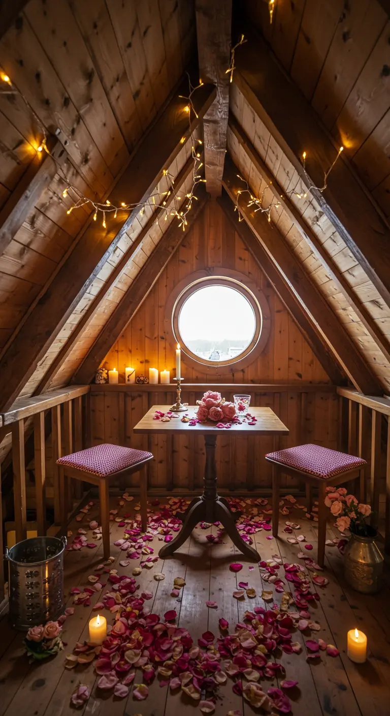 Table romantique dans un grenier en bois avec des pétales au sol.