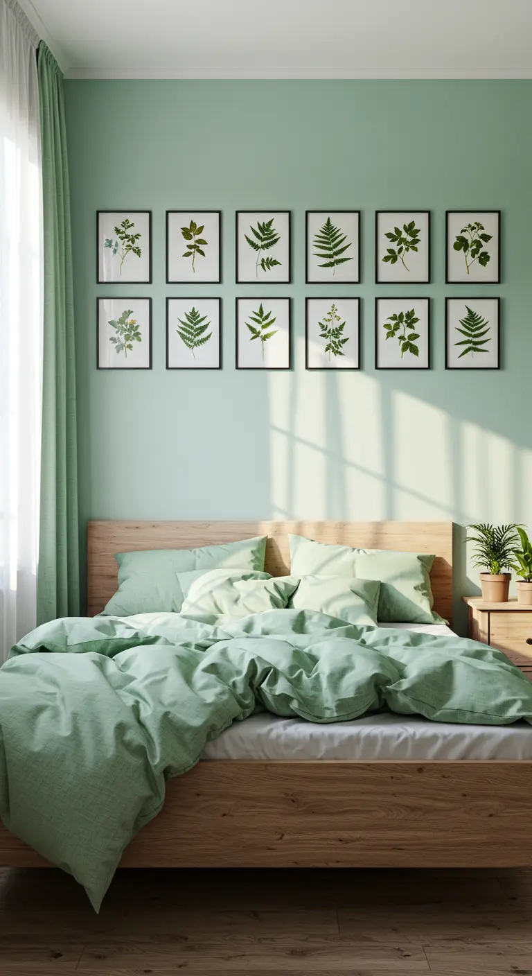 Dix cadres noirs avec des illustrations de feuilles vertes disposés symétriquement sur un mur vert clair.