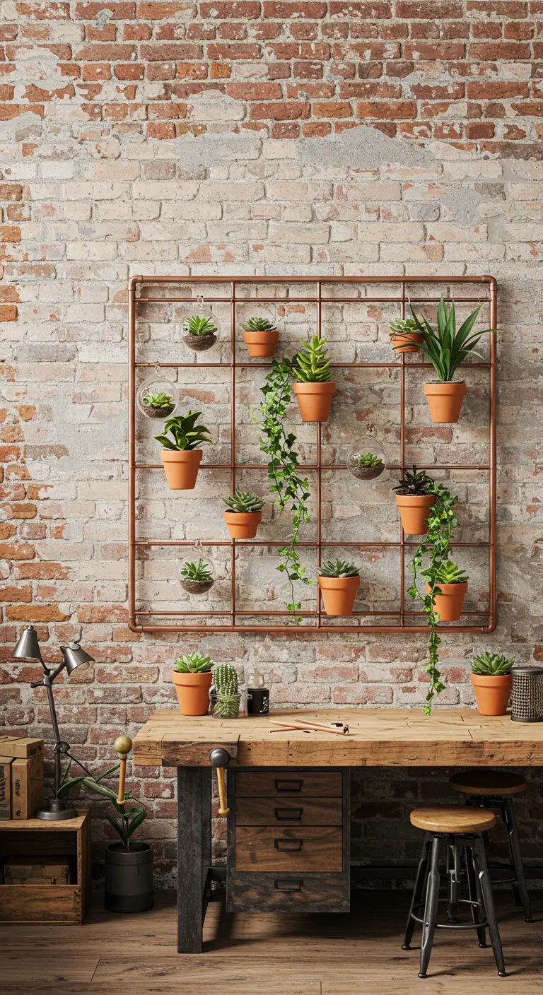 Un treillis carré en tuyaux de cuivre sur un mur de briques, décoré de plantes en pots.
