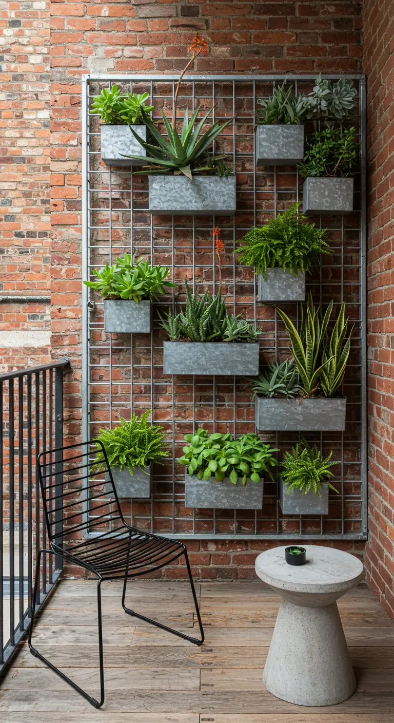 Grille métallique avec bacs en zinc contenant des succulentes sur un balcon en brique.