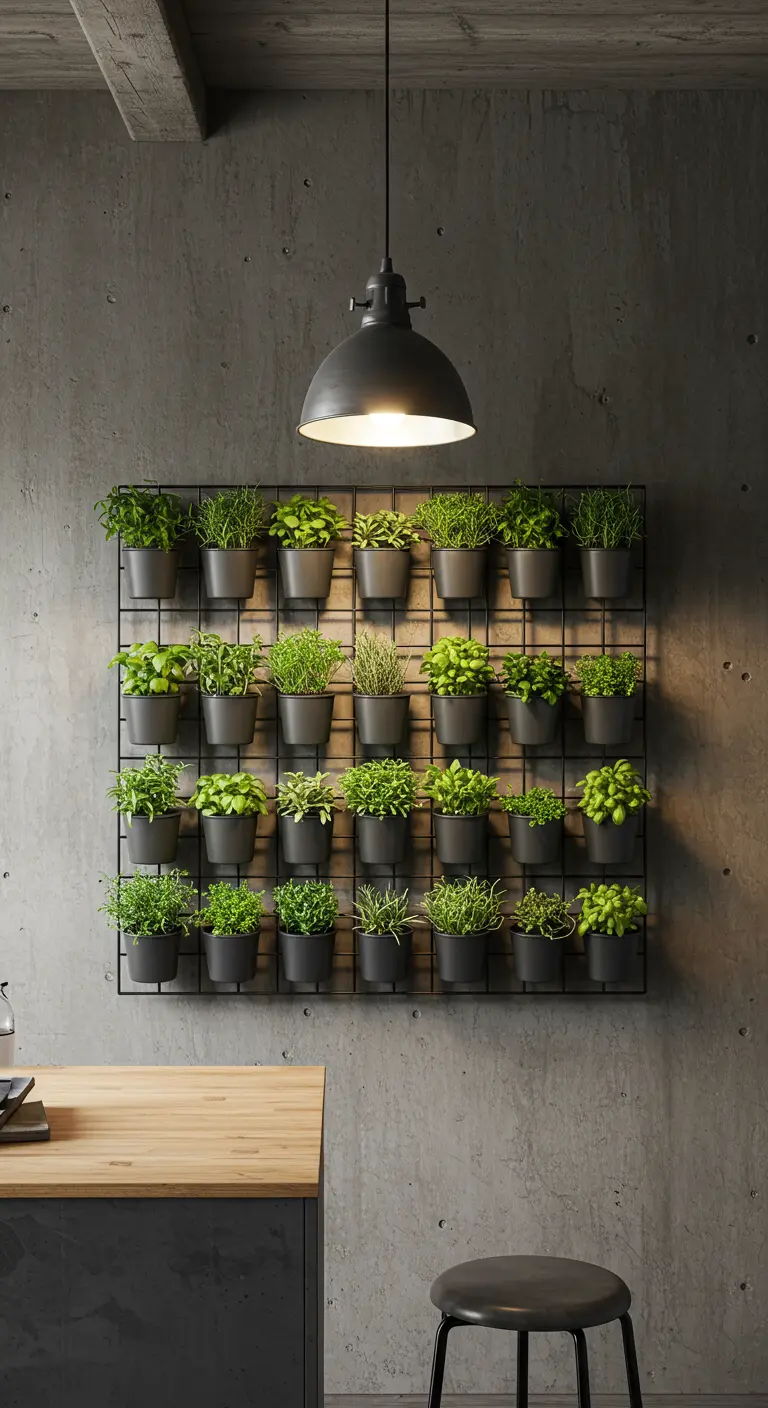 Grande grille métallique noire avec de nombreux pots noirs remplis d'herbes sur un mur de béton.