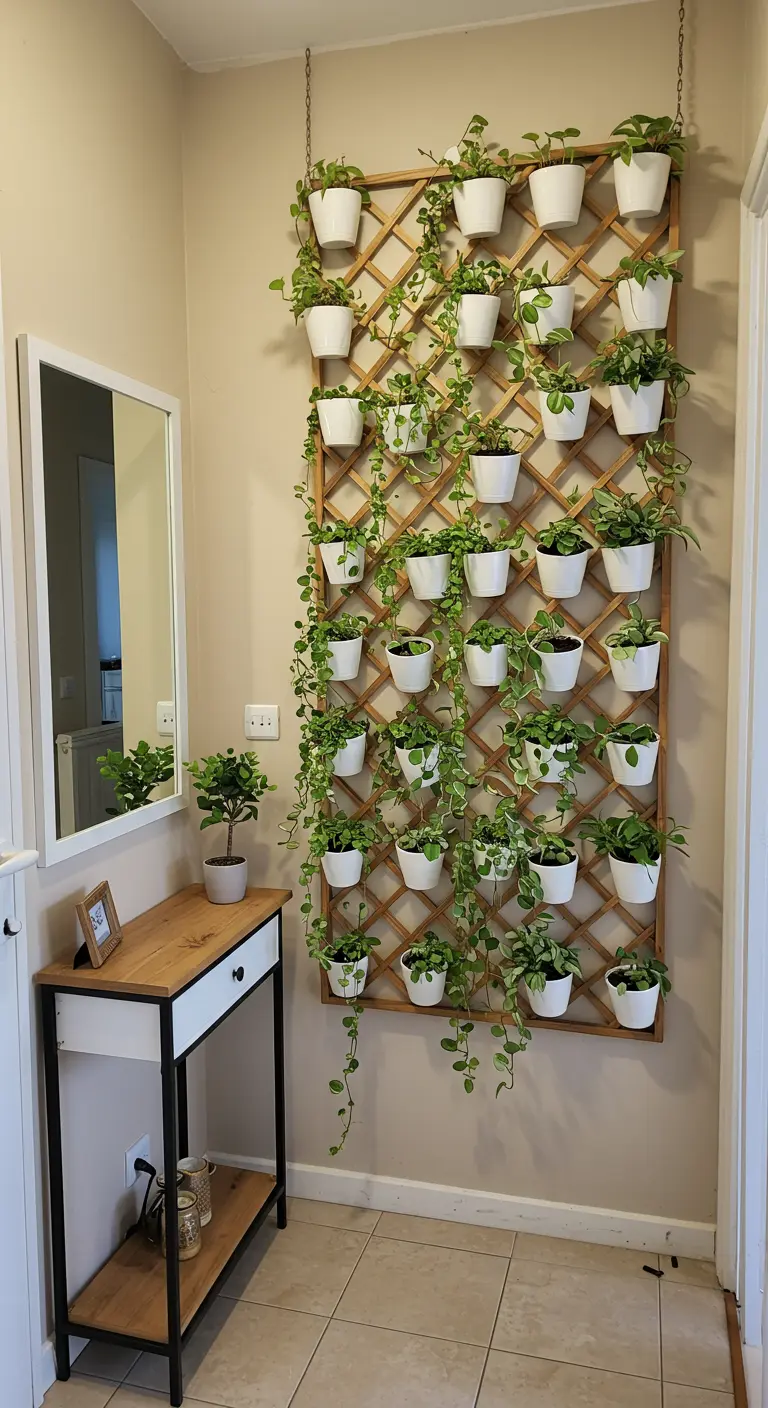 Grande grille en bois clair avec de petits pots blancs et plantes vertes sur un mur d'entrée.