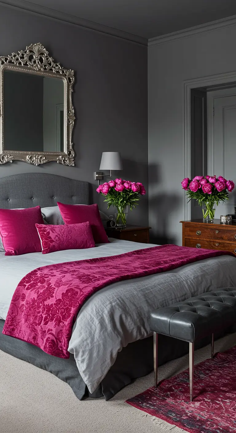 Chambre élégante avec murs gris, lit gris et des accents de rose fushia sur le lit.