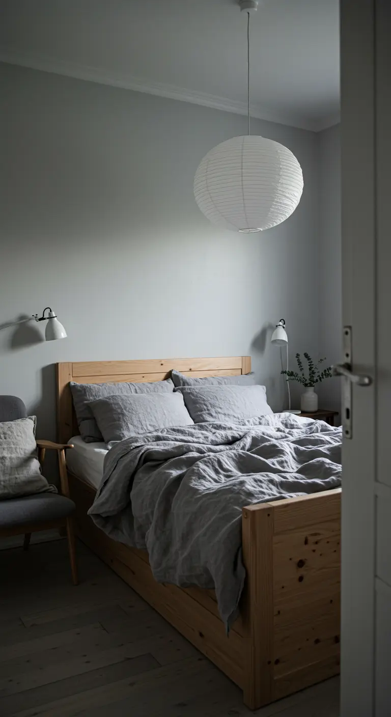 Chambre minimaliste avec murs gris, lit en bois et parure de lit en lin gris.