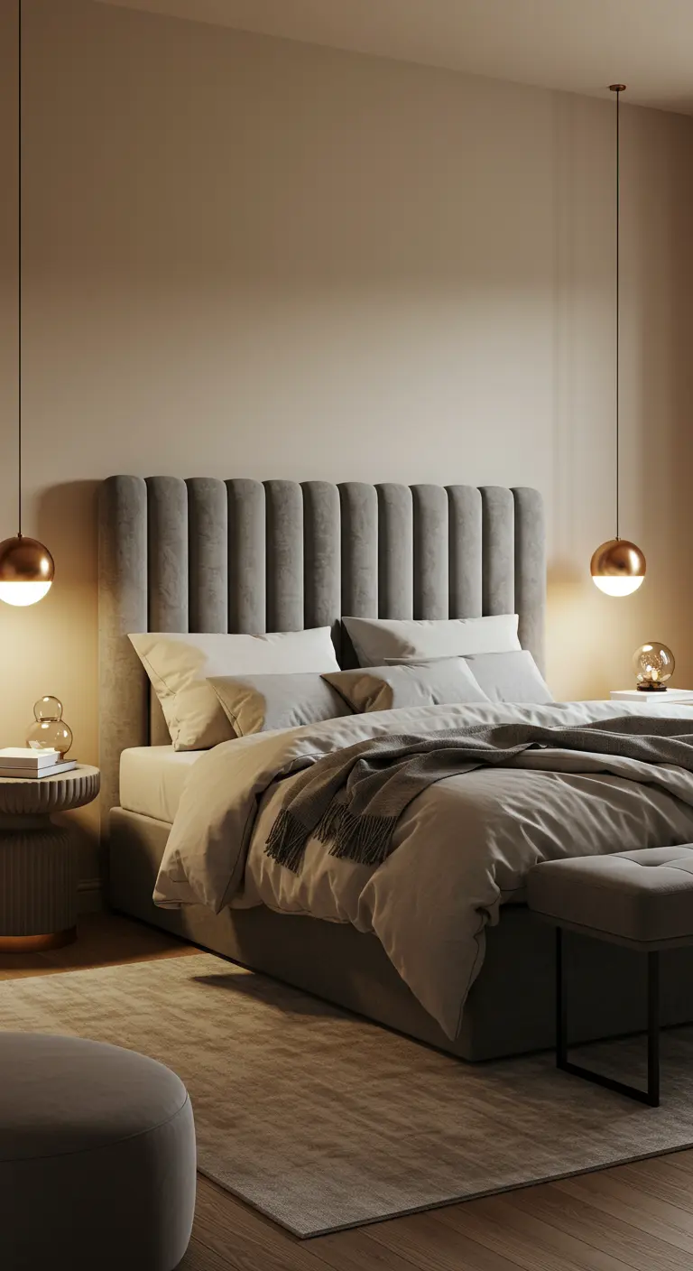 Chambre élégante avec une tête de lit en velours côtelé gris et des suspensions cuivrées.