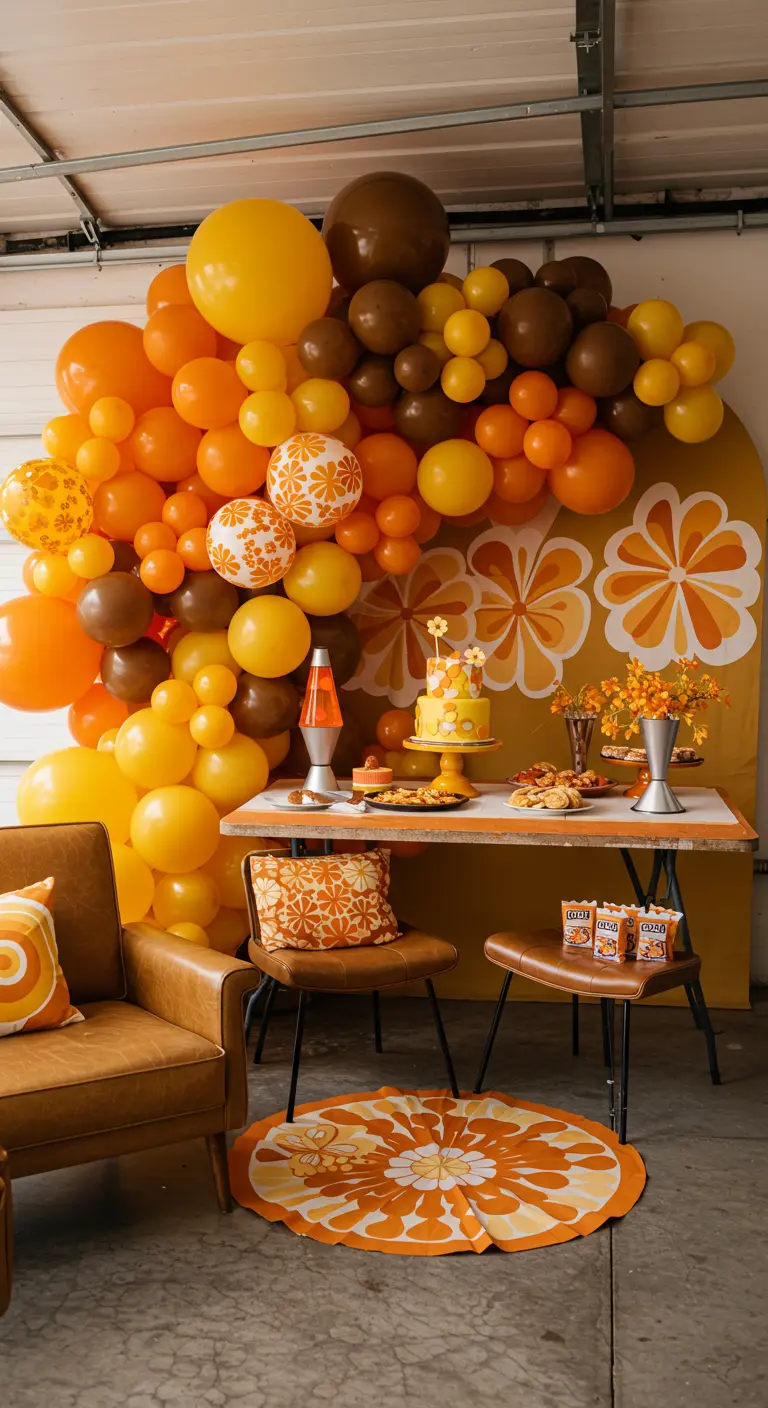 Décoration de fête années 70 avec une arche de ballons orange, jaune et marron.