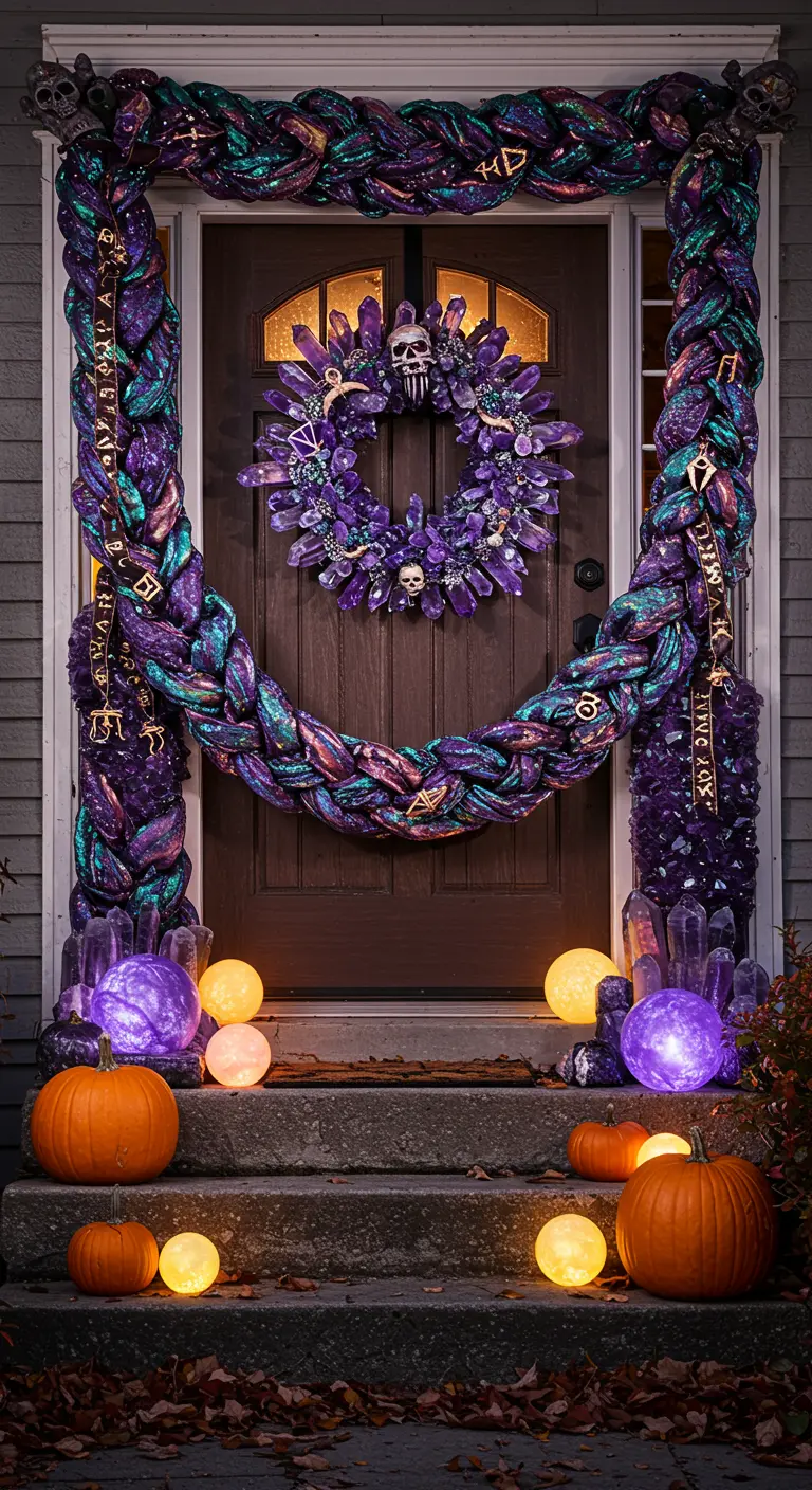 Porte décorée avec une couronne de cristaux violets et une guirlande iridescente.