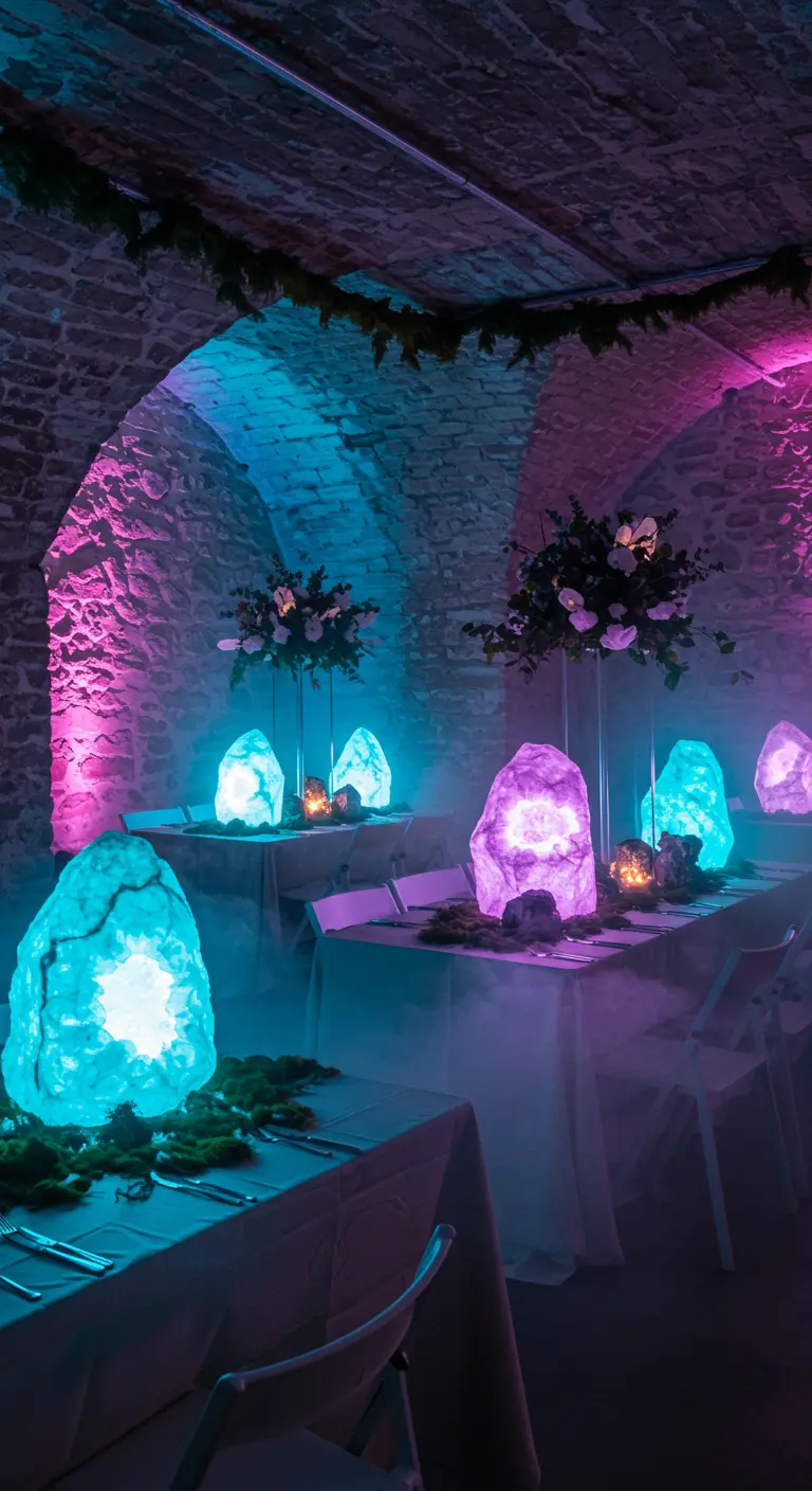 Salle voûtée avec tables et chaises blanches, décorée de grandes géodes lumineuses colorées sur de la mousse.