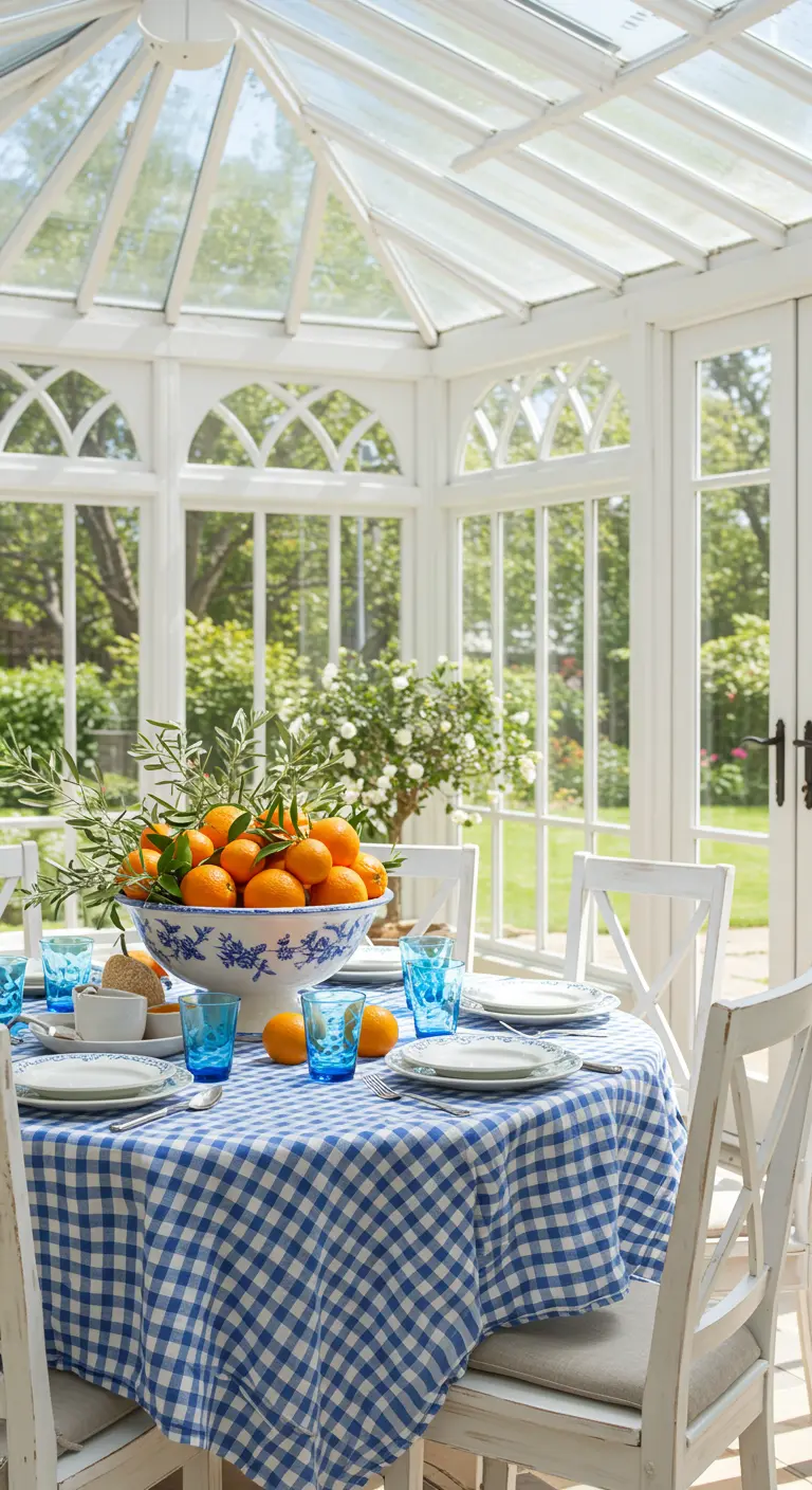 Table ronde avec nappe vichy bleue et centre de table d'oranges fraîches dans une véranda.