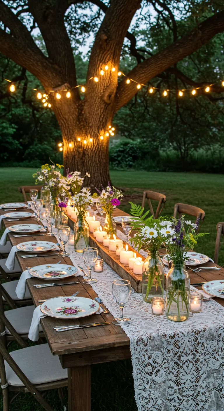 Longue table en bois sous guirlandes lumineuses, chemin de table en dentelle, vases de fleurs et bougies.