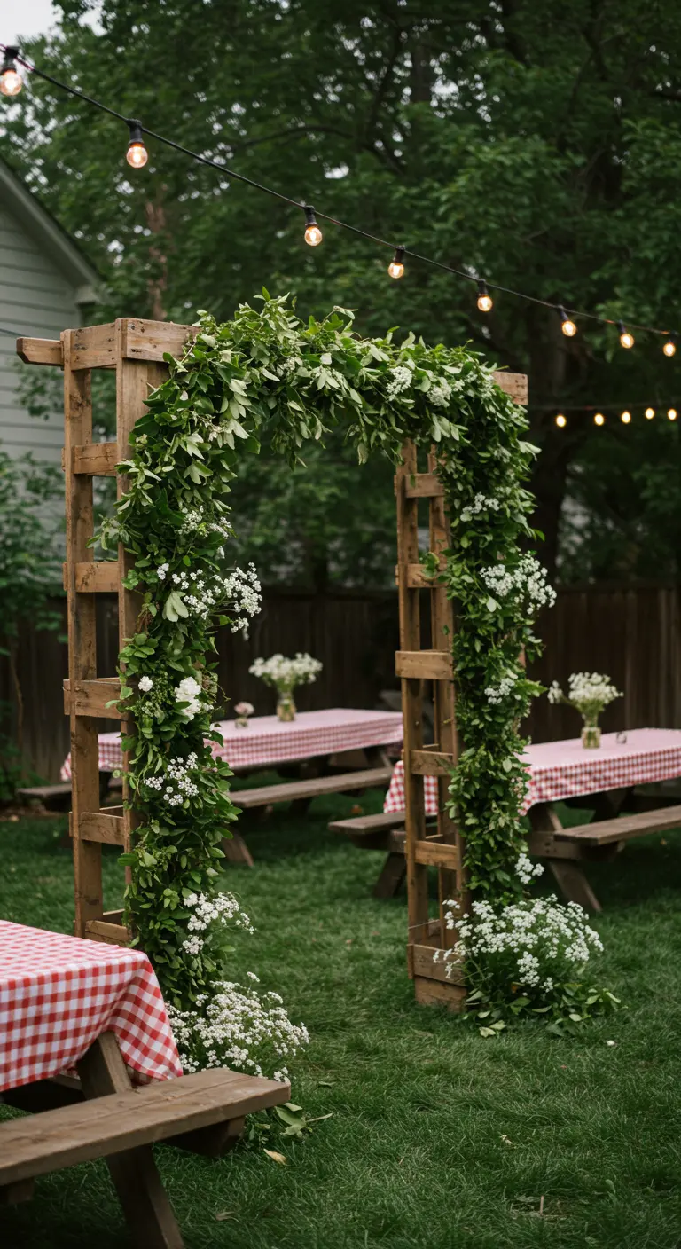 Arche en palettes de bois avec feuillage vert et petites fleurs blanches dans un jardin avec tables de pique-nique.