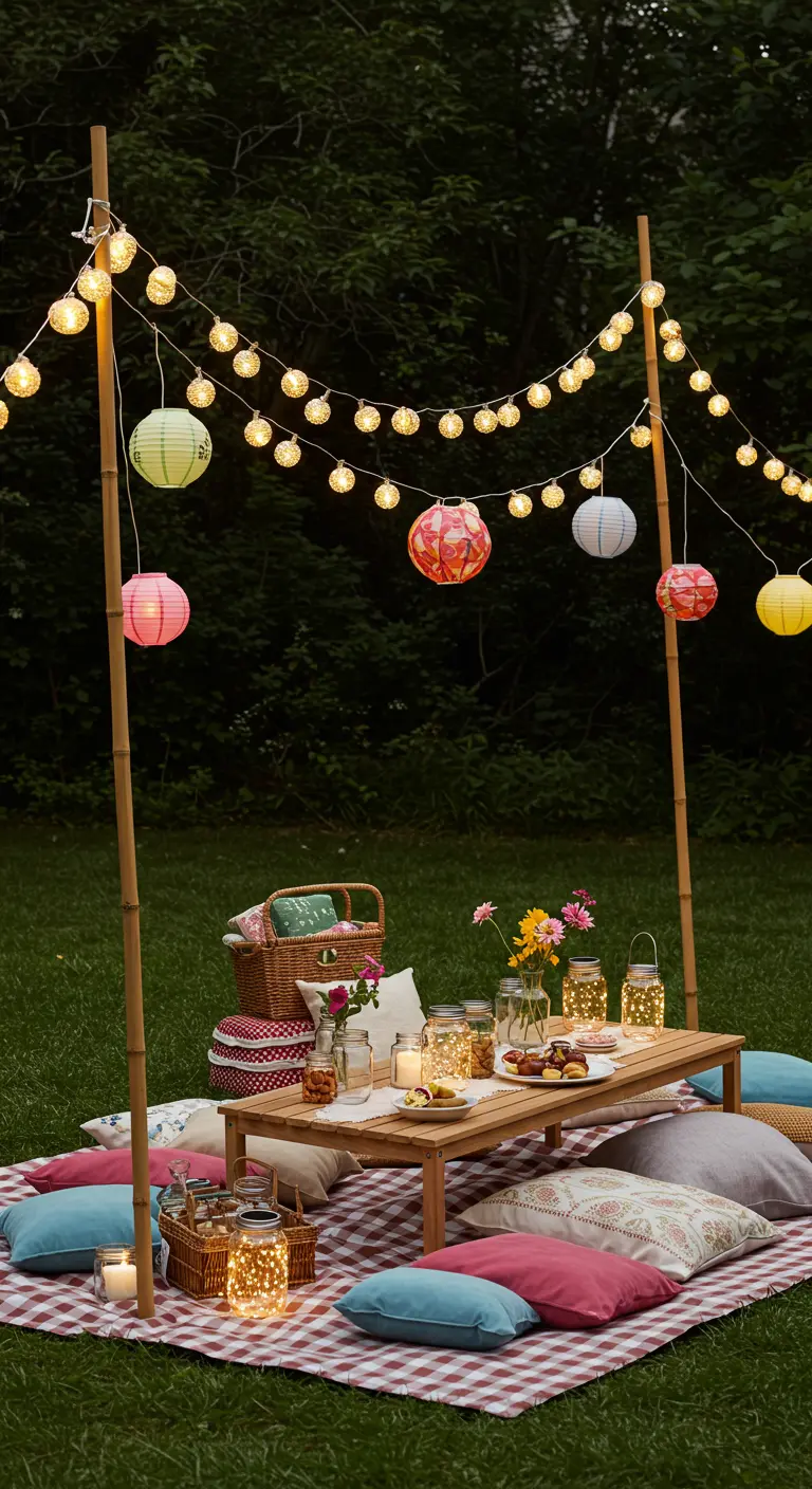 Pique-nique avec guirlandes colorées, lampions et coussins au sol dans le jardin.