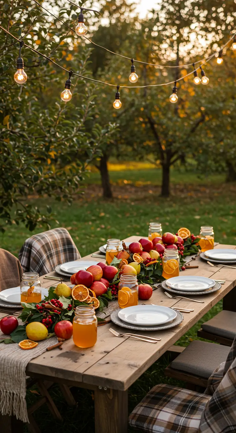 Table en bois dans un jardin sous une guirlande lumineuse, décorée de fruits.