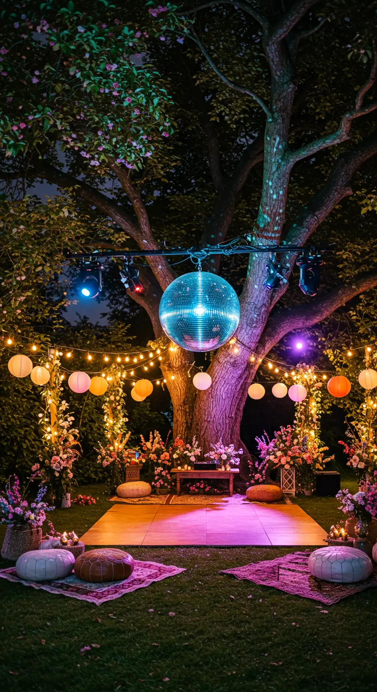 Une boule à facettes suspendue à un arbre dans un jardin décoré de lampions.