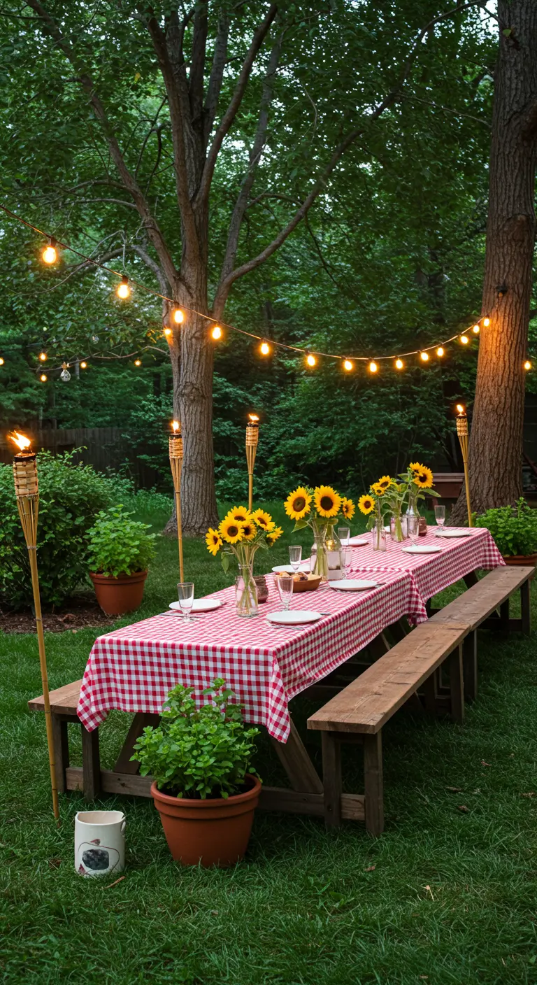 Table de pique-nique avec nappe à carreaux et tournesols dans un jardin, avec guirlandes et torches tiki.
