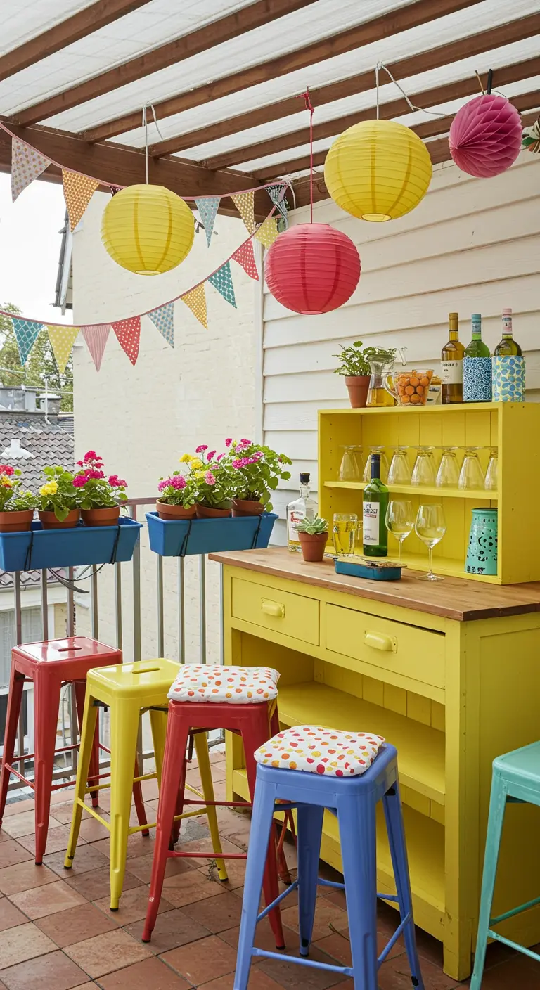 Bar extérieur jaune vif avec tabourets colorés et lampions en papier.