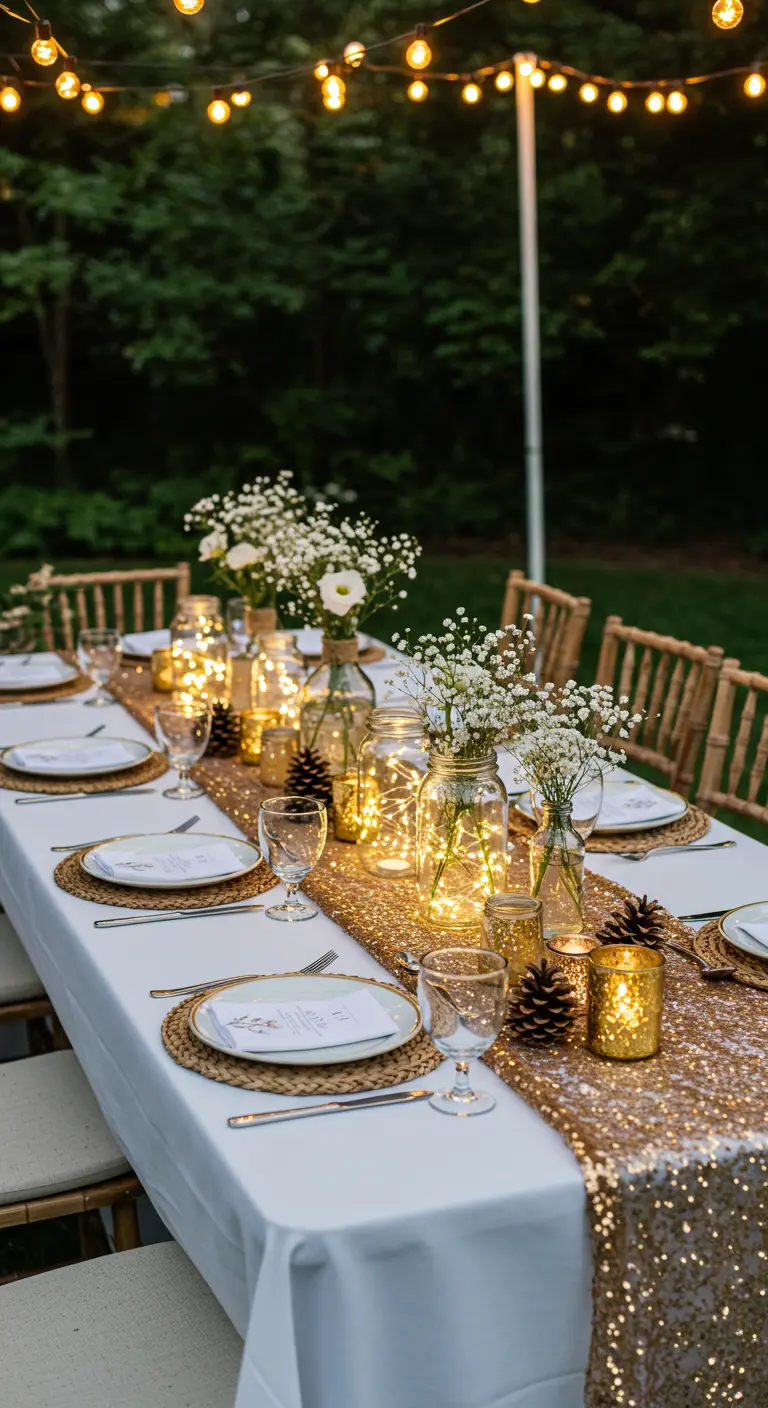Table de jardin décorée avec chemin de table à paillettes dorées, bocaux lumineux et fleurs blanches.