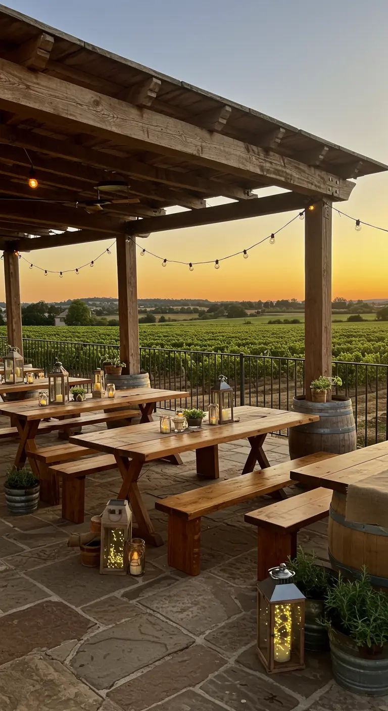 Terrasse de vignoble avec pergola en bois, guirlandes, tables de pique-nique, lanternes et plantes aromatiques.