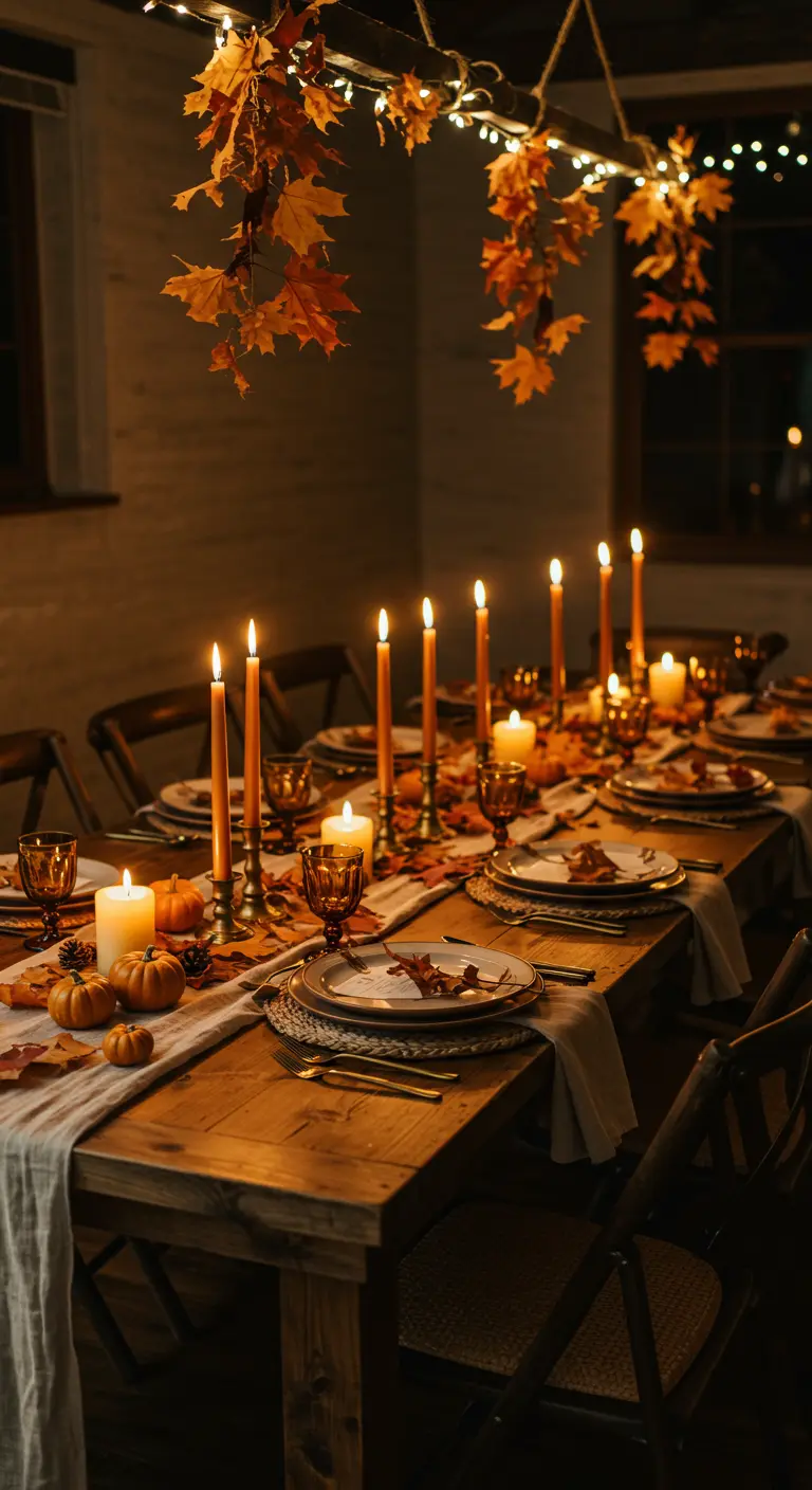 Une longue table en bois, décorée de bougies ambrées, de feuilles d'automne et d'une guirlande lumineuse suspendue.