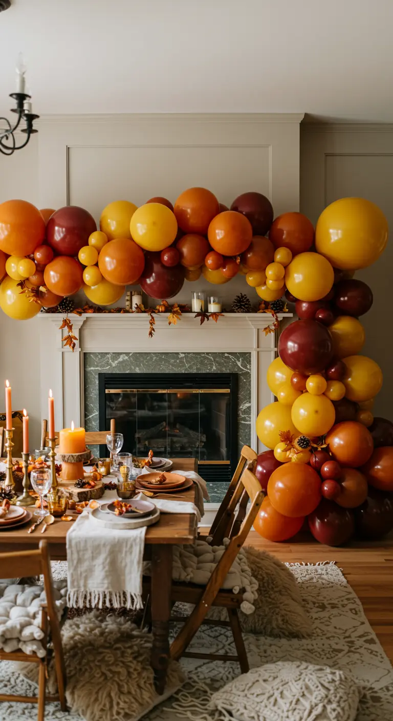 Arche de ballons aux couleurs automnales autour d'une cheminée pour une table de fête.