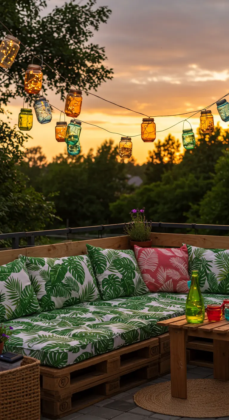 Guirlande de bocaux en verre colorés illuminés au-dessus d'un canapé d'extérieur.