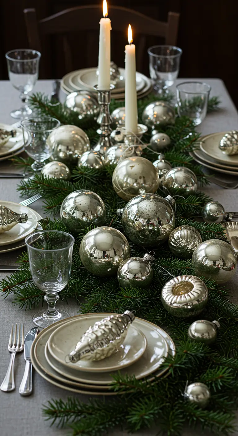 Centre de table de Noël avec branches de sapin et boules argentées.