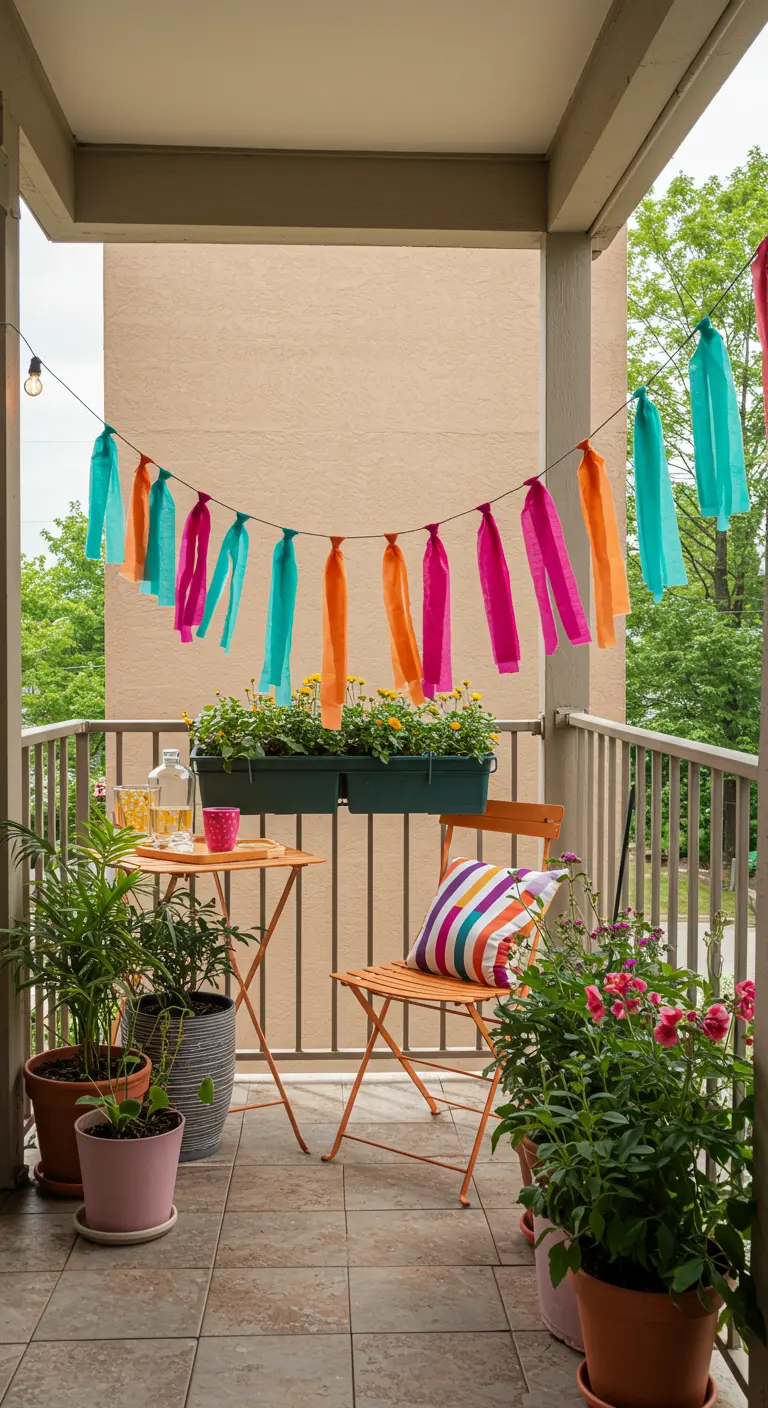 Guirlande de rubans de tissu colorés suspendue sur un petit balcon fleuri.