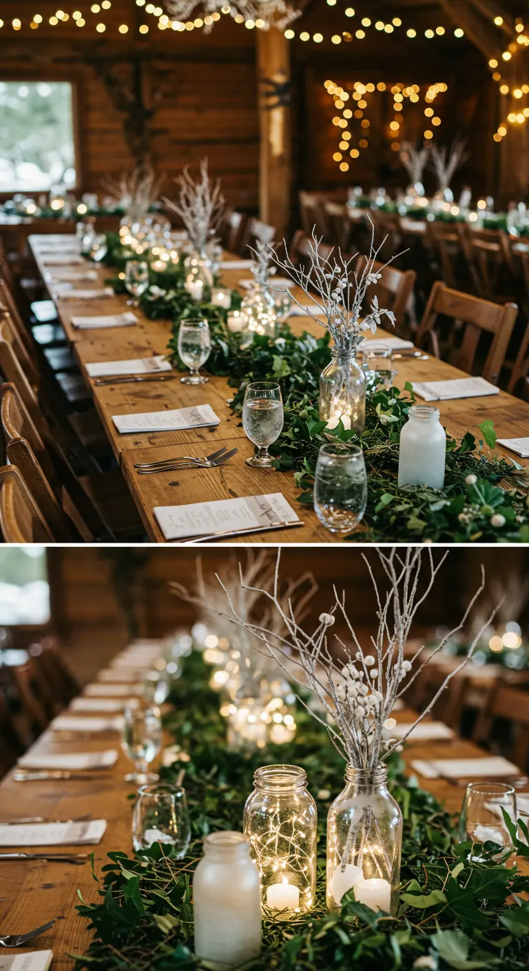 Table en bois avec longue guirlande verte, bocaux en verre, bougies et branches décoratives.