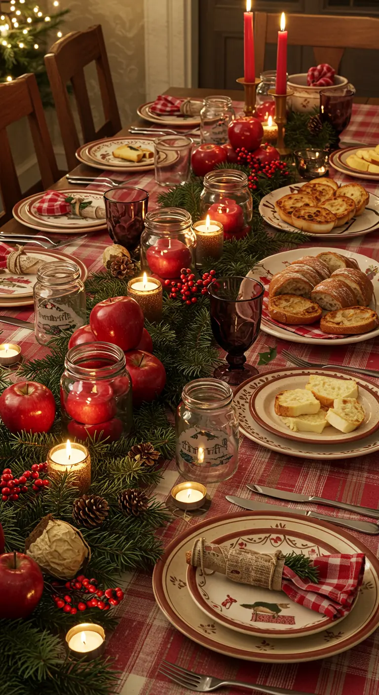 Chemin de table festif avec guirlande de sapin, bocaux lumineux, pommes rouges et baies.
