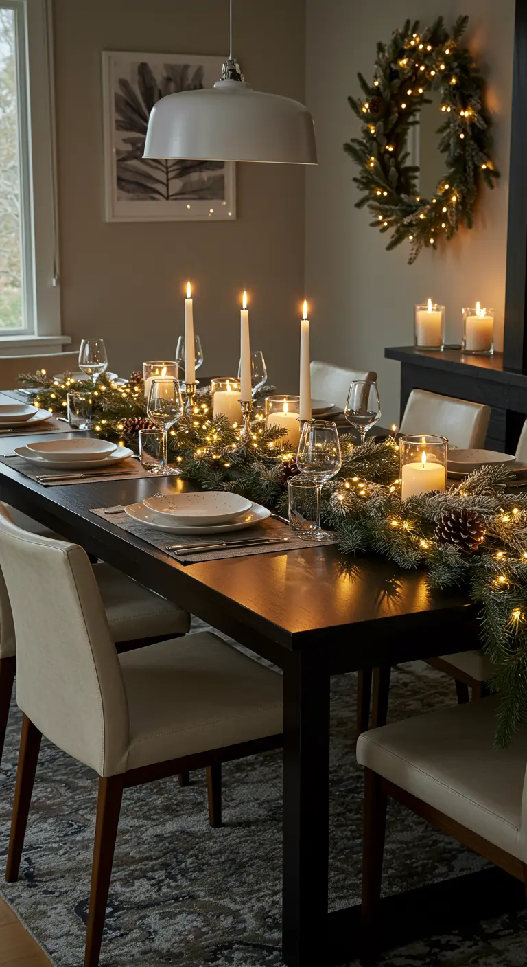 Centre de table de Noël avec une guirlande de sapin illuminée par des lumières LED.