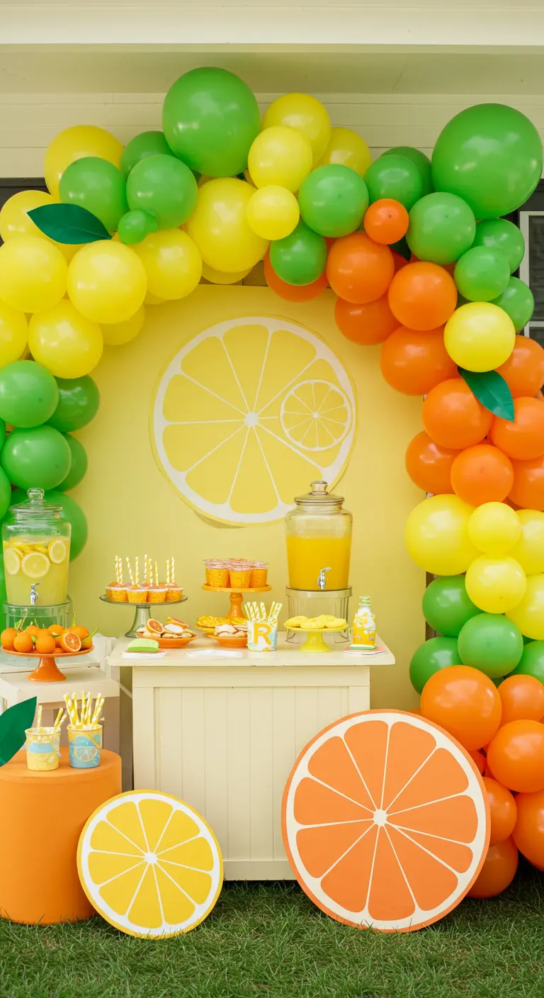 Arche de ballons verts, jaunes et oranges pour une fête sur le thème des agrumes.