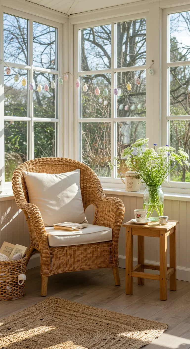Coin lecture ensoleillé avec une guirlande d'œufs suspendue à la fenêtre.