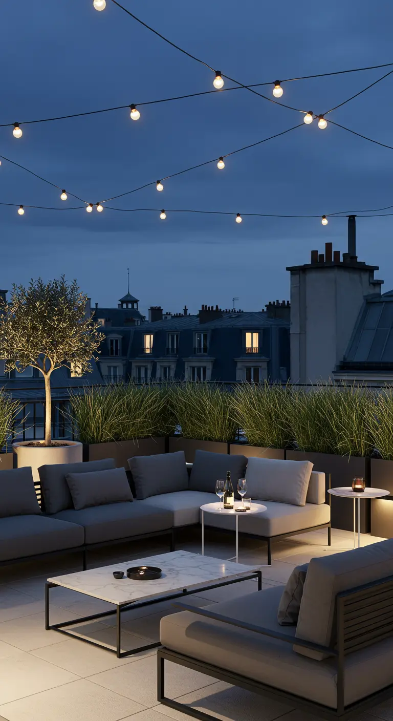 Toit-terrasse moderne avec des guirlandes lumineuses tendues au-dessus d'un salon d'extérieur.