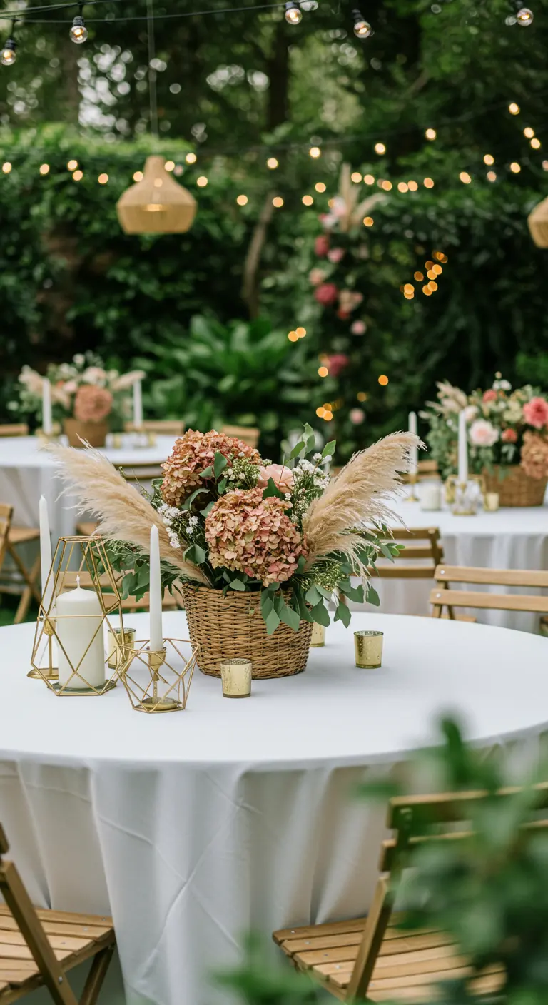 Lumières suspendues au-dessus des tables rondes décorées de paniers fleuris et bougies.