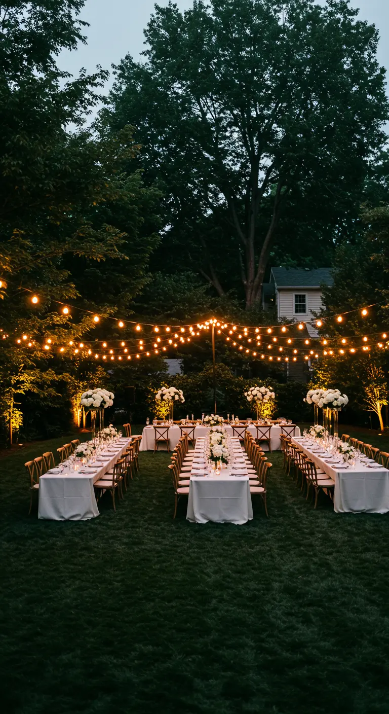 Tables de réception élégantes sous un ciel de guirlandes lumineuses dans un jardin.